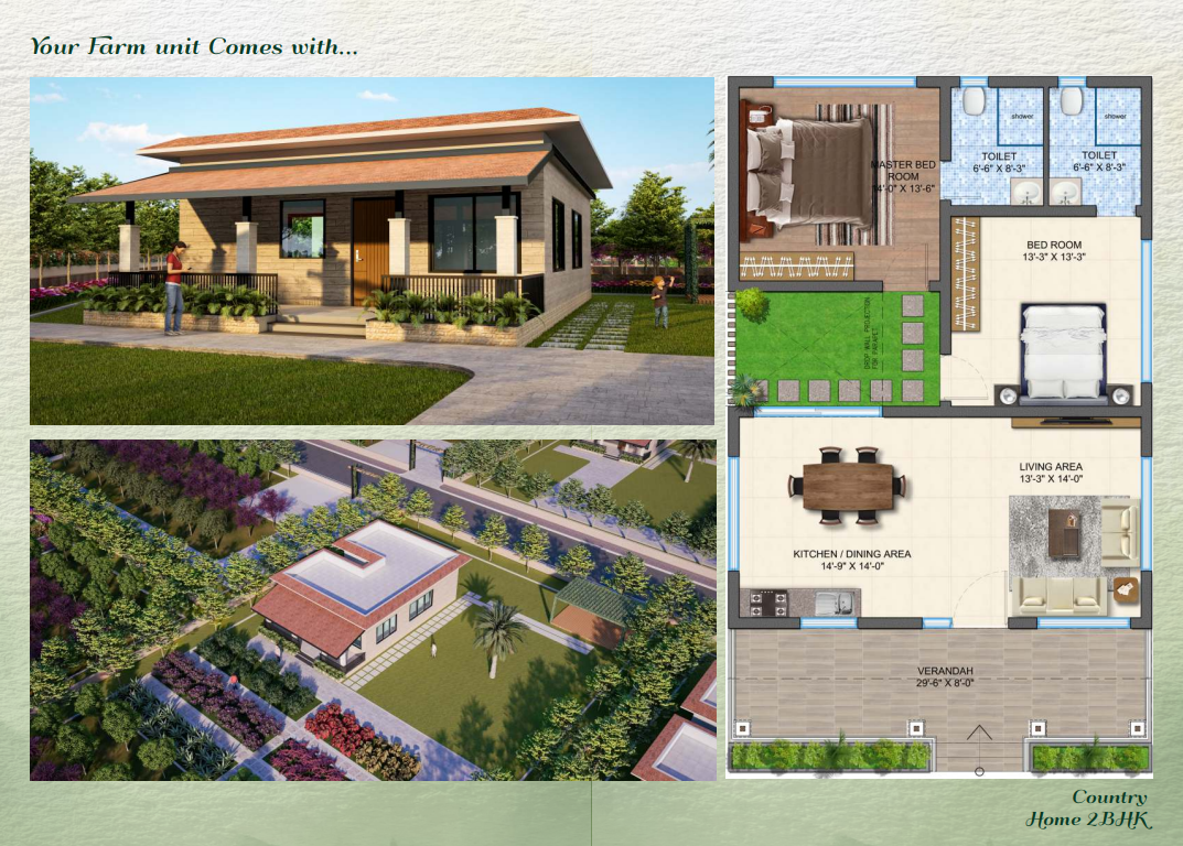 2 BHK Country Home villa typology with exterior view and floor plan